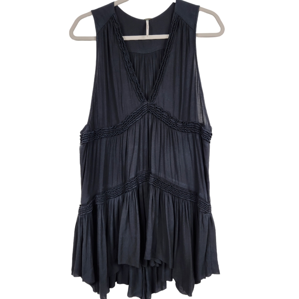 Free People Purple Haze Tunic Black Ruffle V-Neck Tank Top Size Medium